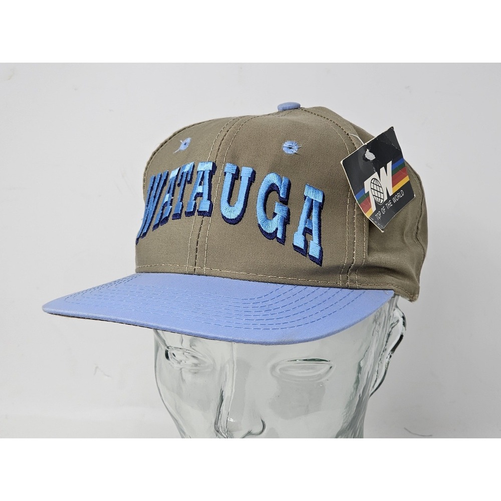 VINTAGE Watauga Hat Cap Snap Back Khaki Blue North Carolina Embroidered Mens 90s